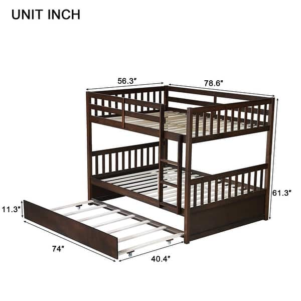 dimension image slide 2 of 3, Full Over Full Rubber Wood Bunk Bed with Trundle(Twin),Convertible to 2 Full Size Beds