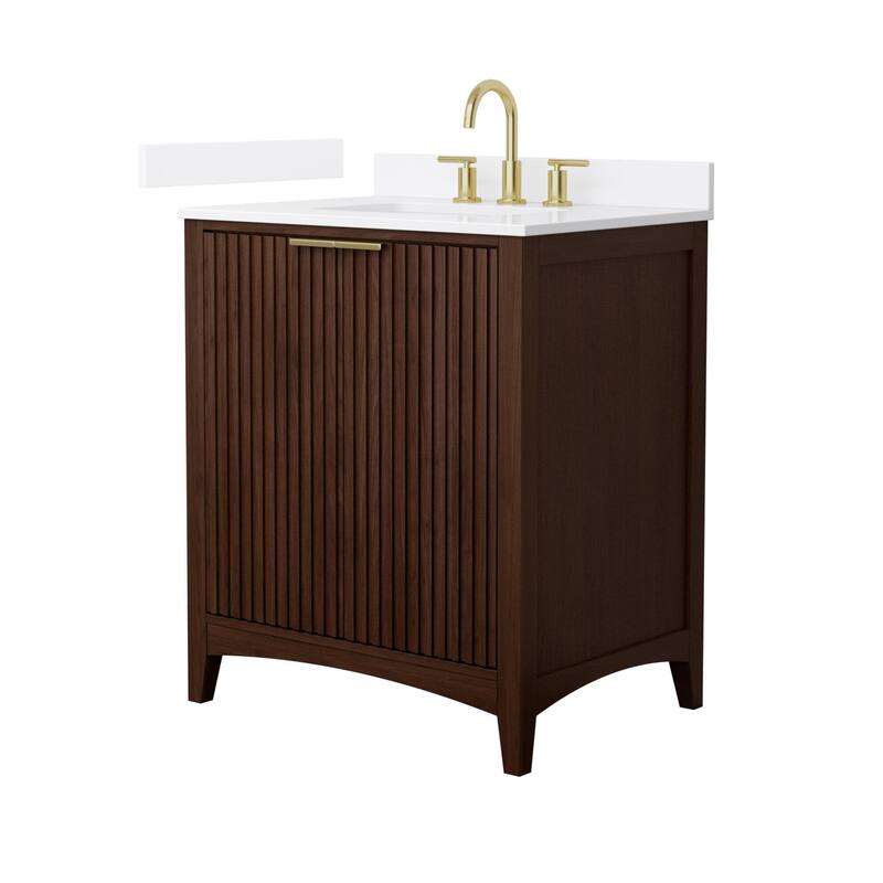 Wyndham Collection WCF9191-30S-QTZ-US3MXX Palmilla 30" Free Standing - Dark Walnut / White Quartz Top / Brushed Gold
