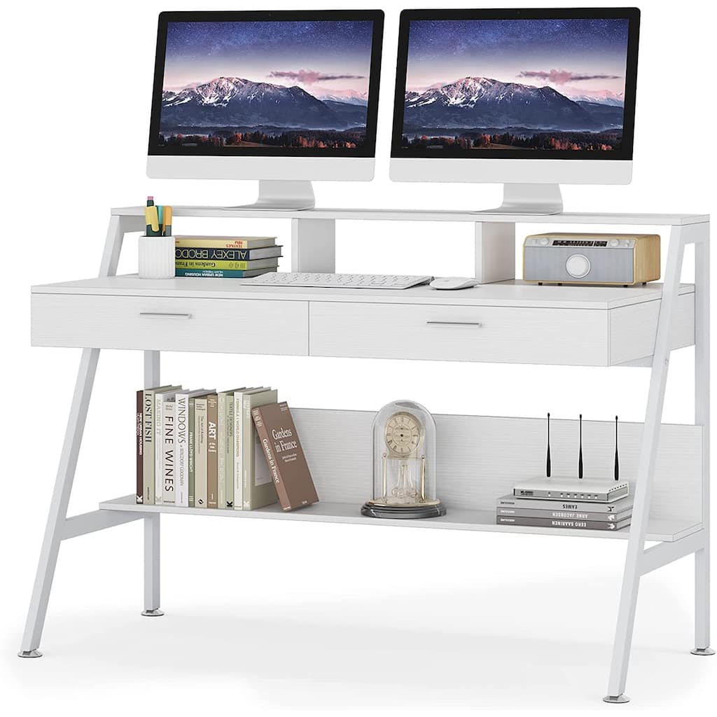 Computer Writing Desk with 2 Drawers and Storage Shelf, Monitor Stand