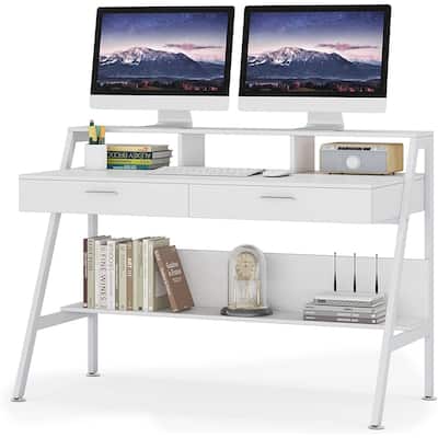 Computer Writing Desk with 2 Drawers and Storage Shelf, Monitor Stand
