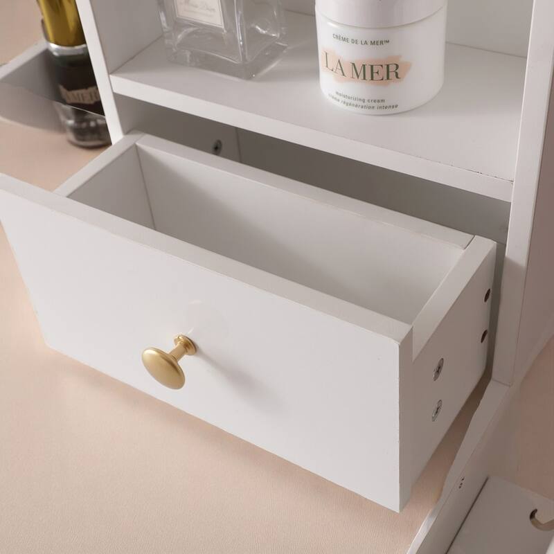 Makeup Vanity Table with Lighted Mirror & Power Outlet - Storage Drawers, Bookshelves & Iron Bracket