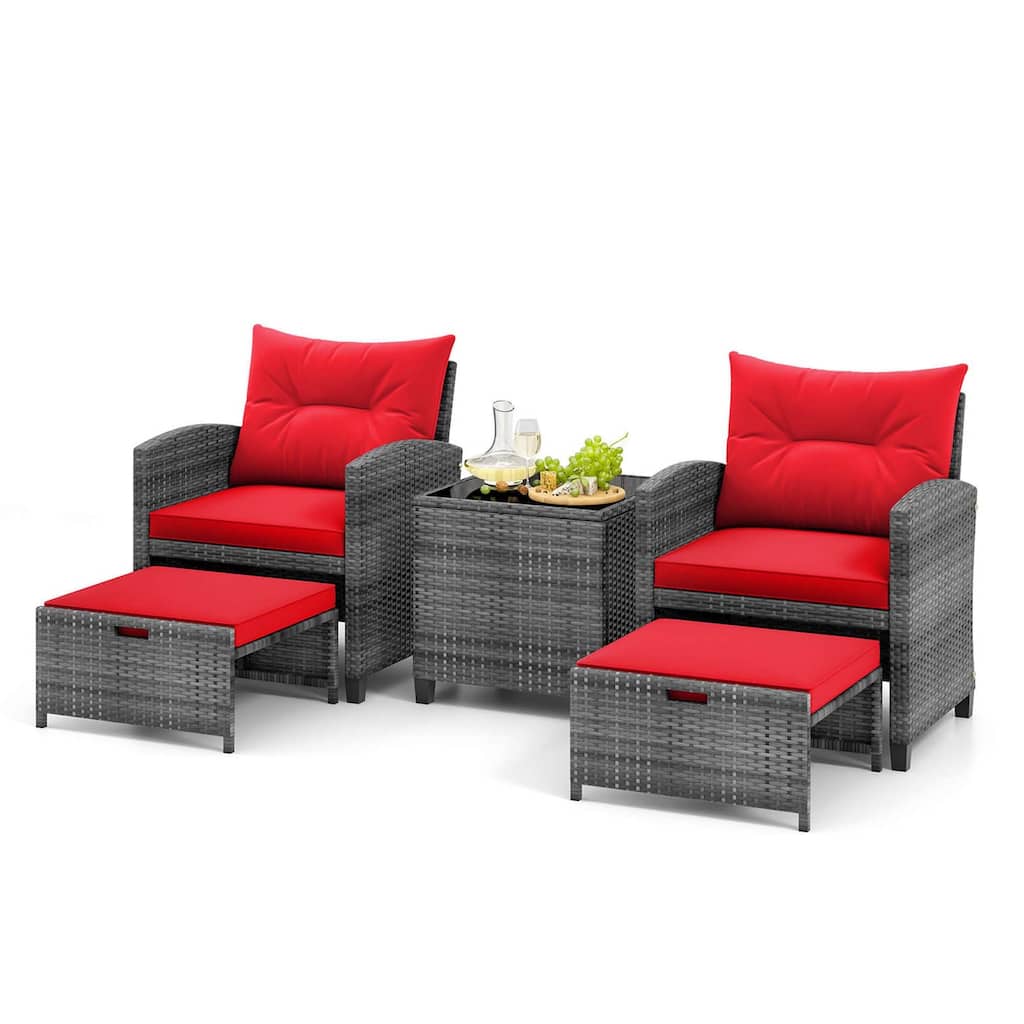 Gymax 5PCS Outdoor Rattan Furniture w/ 2 Ottomans & Tempered Glass