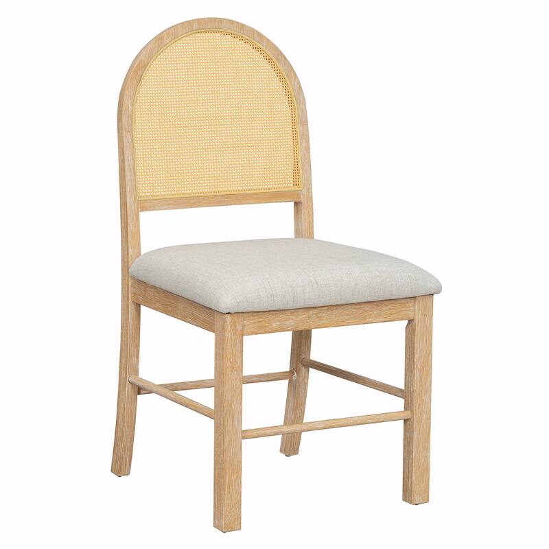 7-Piece Farmhouse Dining Table Set for 6 - 59.8" Rectangular Table with Distressed Oak Veneer & 6 Rattan Chairs