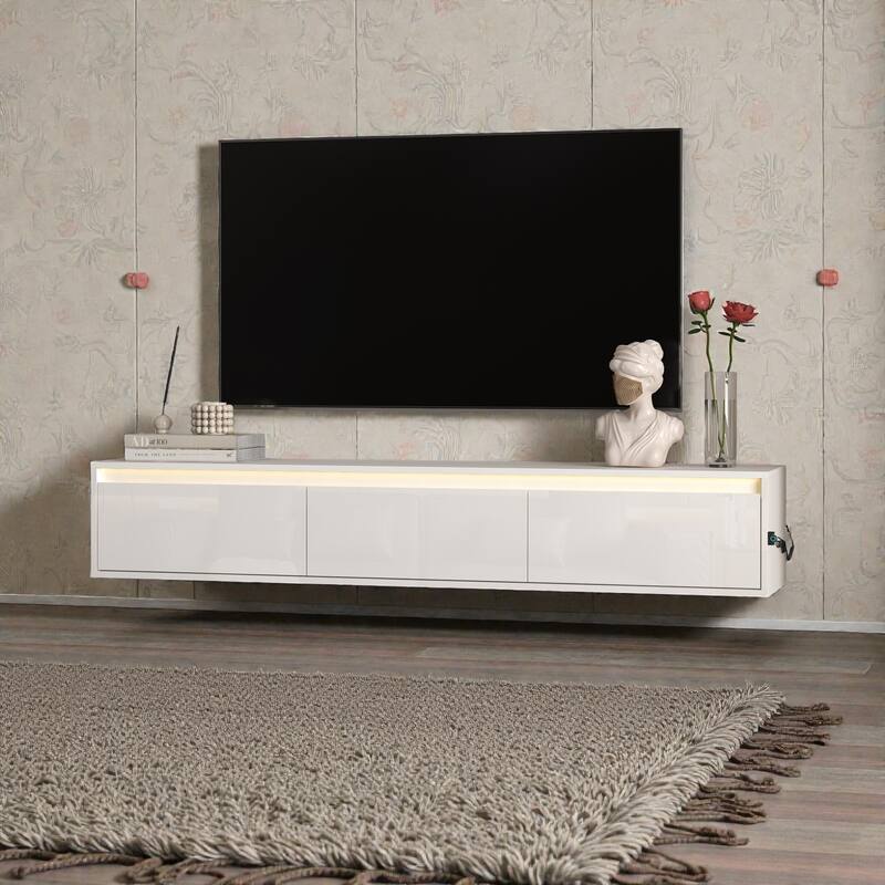 Floating TV Stand with LED Lights & Power Outlet, Wall Mounted High Gloss TV Cabinet with Storage and USB Ports