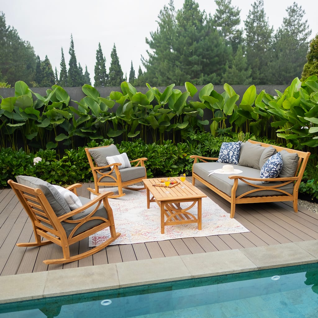 Cambridge Casual Lowell Teak 4-Piece Outdoor Patio Conversation Set with Daybed, Rocking Chairs, and Coffee Table