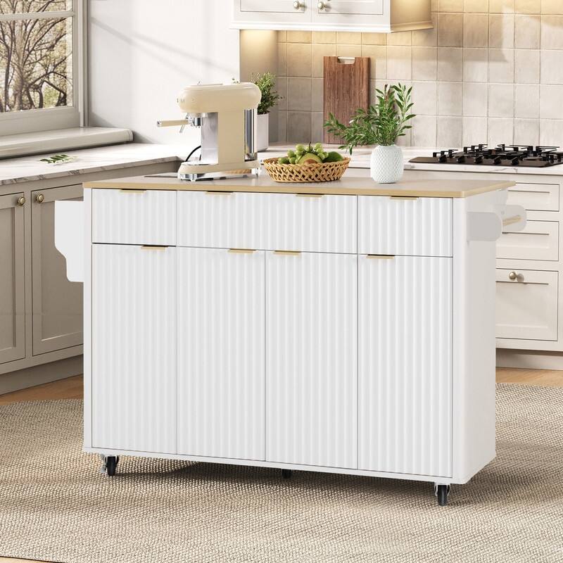 Fluted 55.5" Kitchen Island with Drop Leaf, Rolling Island Table with Drawers, Power Outlet for Functional Kitchen Organization - White