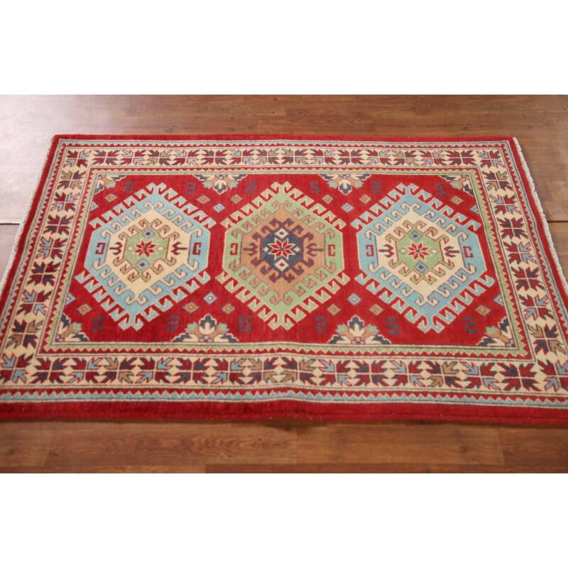 Geometric Red Kazak Rug Hand-Knotted Traditional Bedroom Wool Carpet - 3'4"x 4'10"