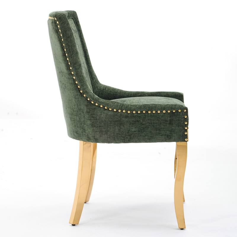 Chenille Dining Chairs,Curved Gold - Plated Legs & Rivet Trim,Accent Seating With Textured Fabric&One-Piece Structure,Set Of 2