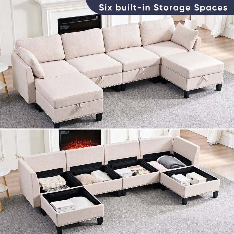 Mixoy Rivet Design Flexible Combination Reversible 4-Seater Modular Sofa with Storage Ottomans,Linen Convertible Sleeper Sofa - Beige - 4+2