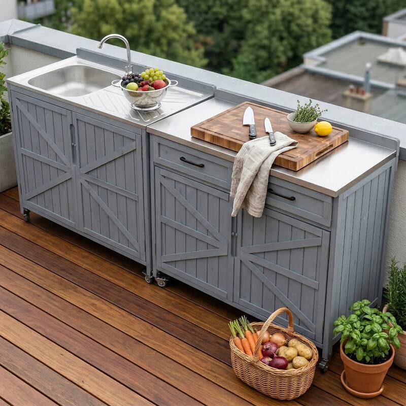 39.4" Outdoor Kitchen Island with Stainless Table Top, with One Large Drawer, Internal Storage Racks & 4 Wheels