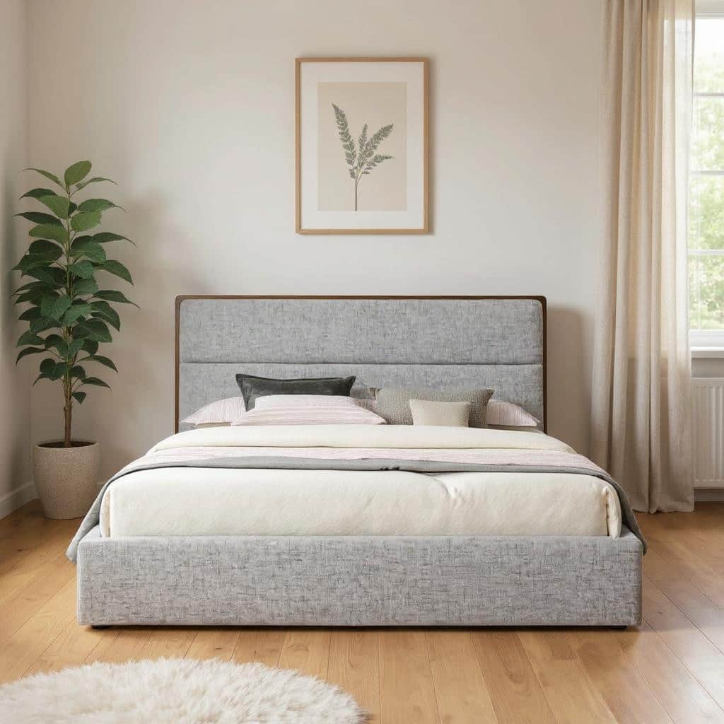 HomeRoots Brown and Gray Wood Upholstered Queen Bed Frame