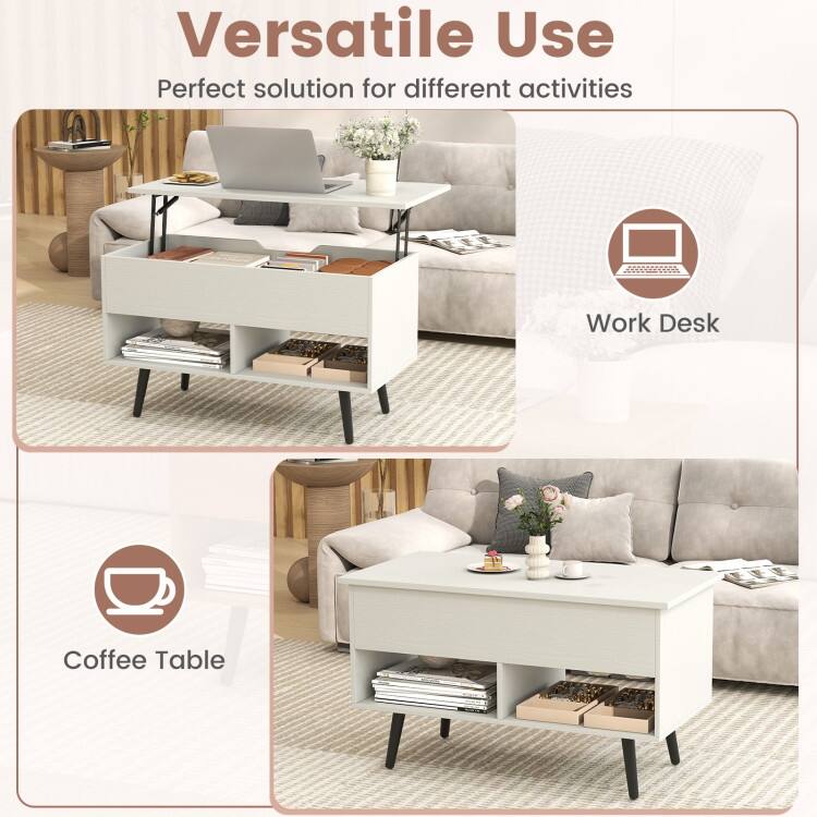 31.5 Inch Lift Top Coffee Table with Hidden Compartment and 2 Storage Shelves - 31.5" x 15.5" x 17.5" (L x W x H)