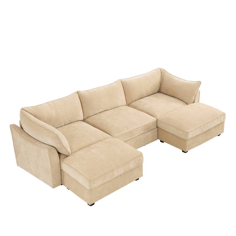 U-Shape 3-Deep Seater Sofa Couch with 2 Movable Storage Ottomans & Pull Out Drawers