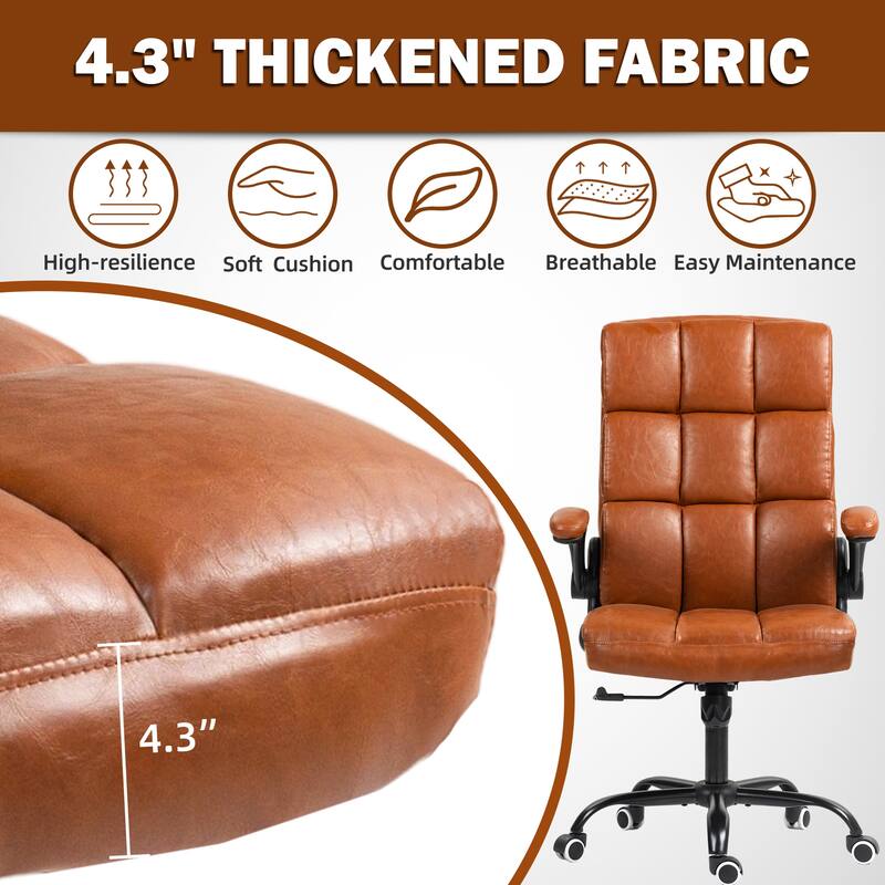 EROMMY Mid-Century Modern Leather Office Chair with Wheels, Ergonomic Rolling Desk Chair, Flip-Up Arms.