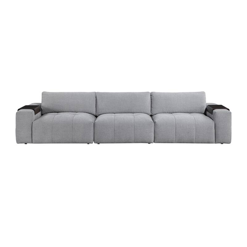 Mackay 154" Textured Fabric Sofa with Wooden Armrest Tray & Tufted