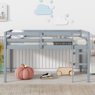 Simple Design Rubber Wooden Loft Bed with Ladder, Bed Platform of Strengthened Slats, Twin, Grey