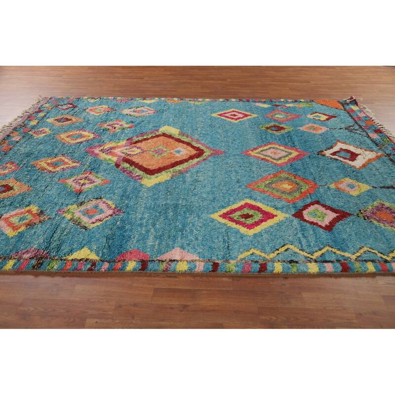 Light Blue Plush Moroccan Oriental Area Rug Handmade Wool Carpet - 7'8" x 10'5"