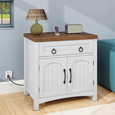 Moasis Farmhouse Nightstand with Charging Station,End Table with 2-Door Cabinet