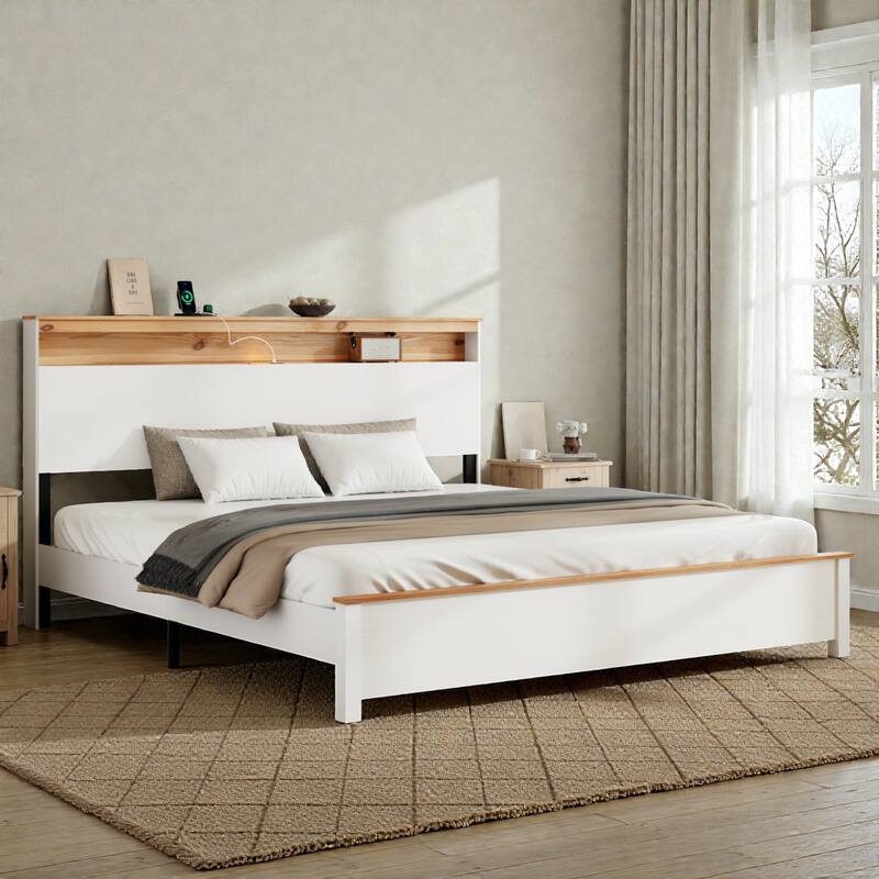Rustic Wooden Bed Frame with Storage Headboard, LED Lights and Charging Station, Noise-Free Metal Slats, No Box Spring Needed - White - King