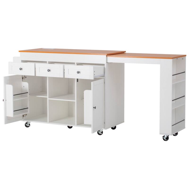 Roomfitters 85.5" Rolling Kitchen Island with 40.9" Extendable Dining Table, Power Outlet, 3 Drawers & 2 Doors