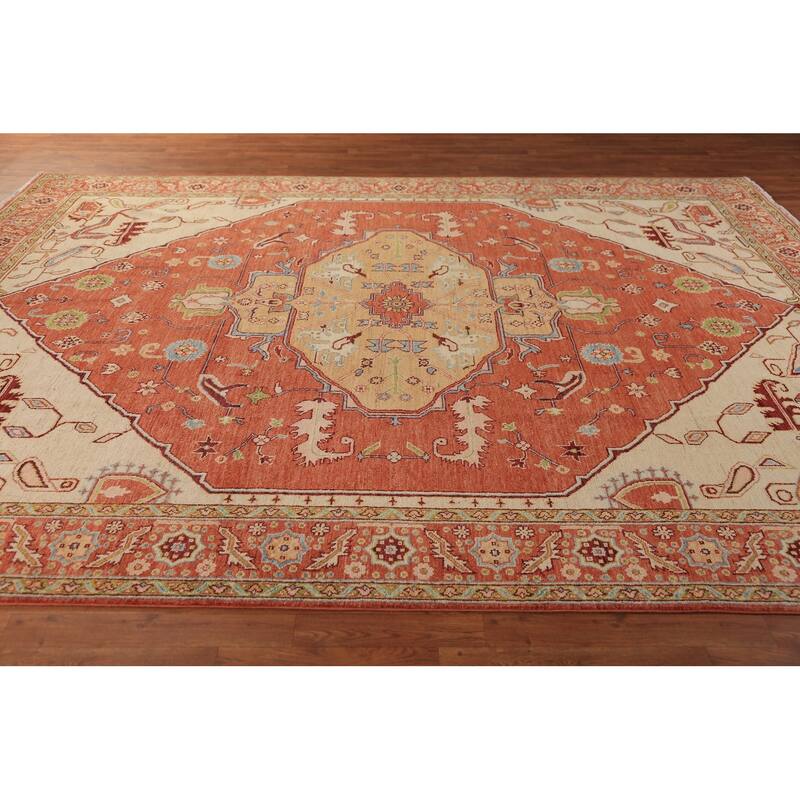 Vegetable Dye Orange Heriz Serapi Oriental Rug Handmade Wool Carpet - 8'11"x 11'8"