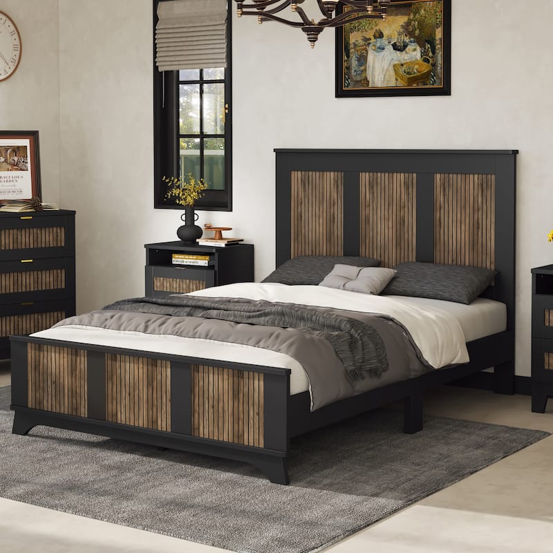 Full-Size Wood Platform Bed Frame with Headboard - Wooden Strip Decoration and Plywood Slat Support