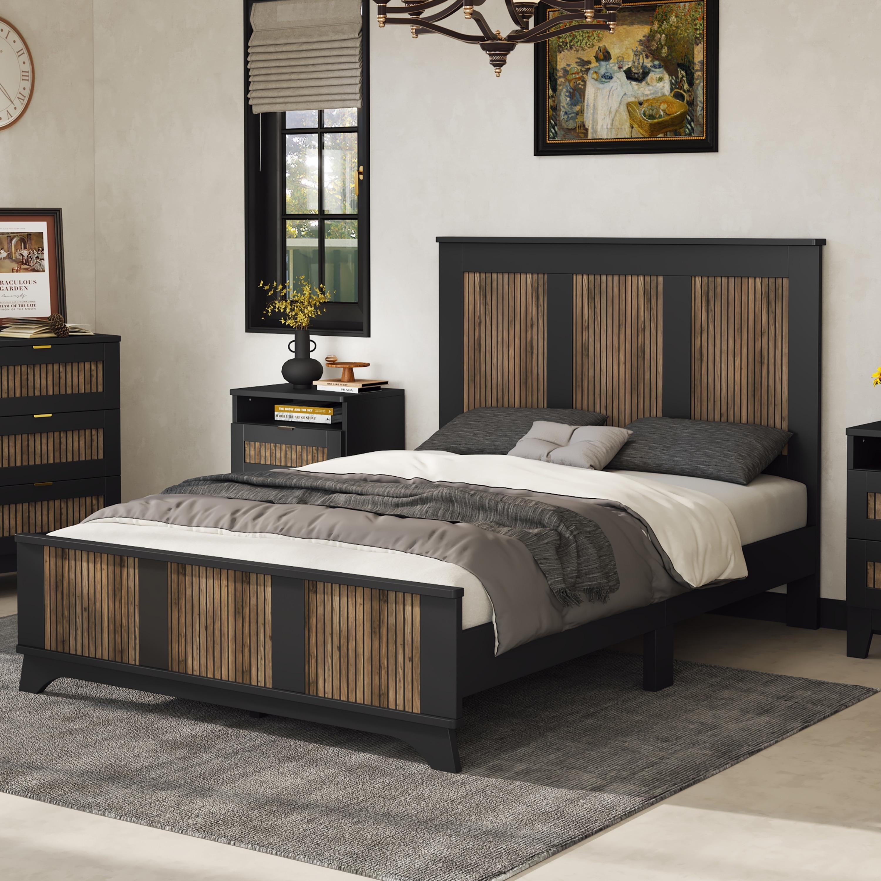 Stylish Platform Bed Slats Support Wood Bed, Rustic Farmhouse Style Bed Frame with Wooden Strip Decoration Elevated Headboard