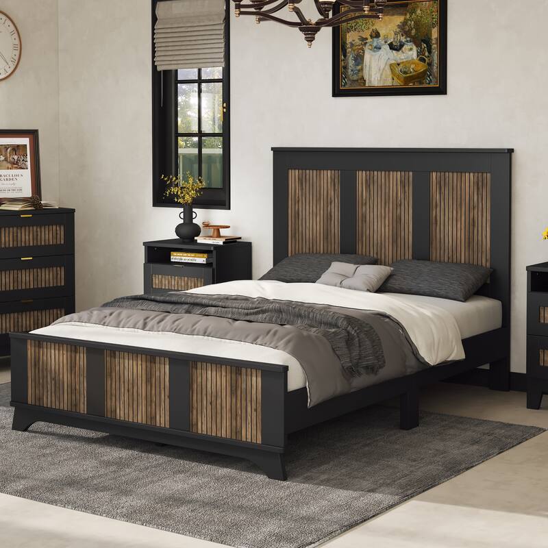 Stylish Platform Bed Slats Support Wood Bed, Rustic Farmhouse Style Bed Frame with Wooden Strip Decoration Elevated Headboard - Black - Full