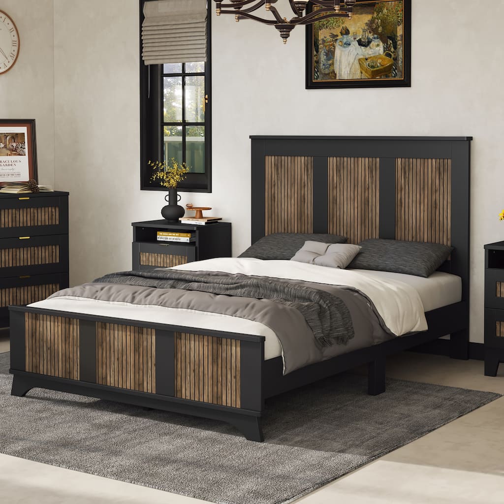 Wooden Platform Bed, Wood Strip Stickers Headboard, Classic Farmhouse Bed Frame, No Box Spring Needed