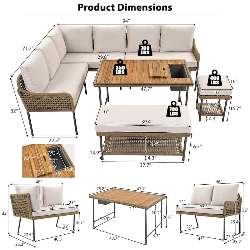 6-Piece Rope L-Shaped Patio Sectional Set For 9