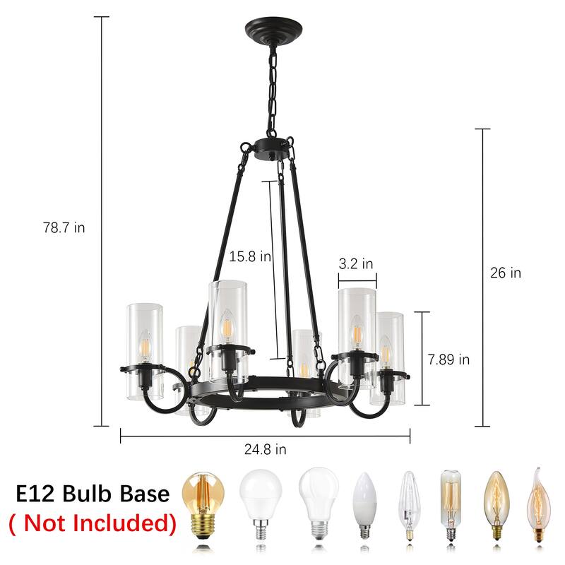 Farmhouse 6 - Light Wagon Wheel Chandelier, 24.8" D, Black Metal Frame with Clear Glass Shades - Matte Black