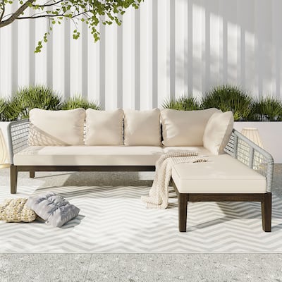 Outdoor L-Shaped Corner Sofa Set, 2 Piece Patio Conversation Furniture Set with Cushions and Rope Waved Backrest