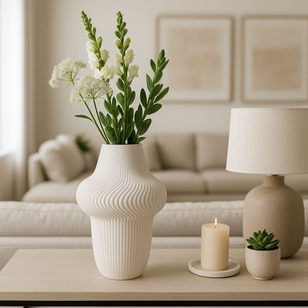Porcelain Ribbed 3D Printed Vase - Ivory/Beige