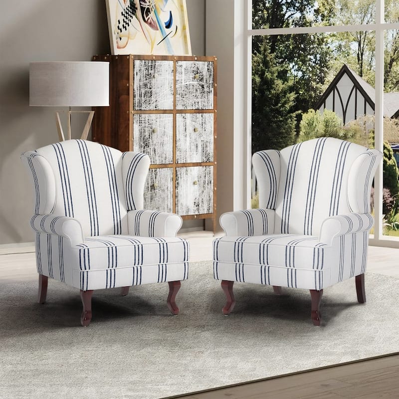 2 Set Traditional Wingback Accent Chairs Upholstered Armchair - Stripe Navy