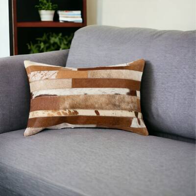 HomeRoots 12" X 20" Brown and White Cowhide Throw Pillow