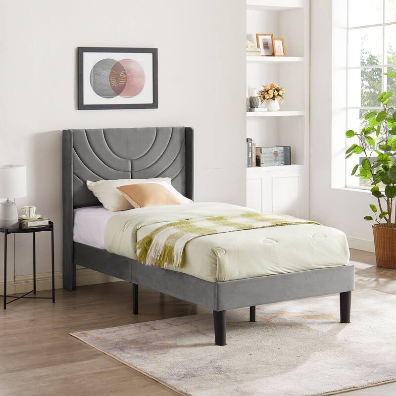 Javlergo Upholstered Platform Bed Frame with Modern Wingback Headboard, Dark Grey