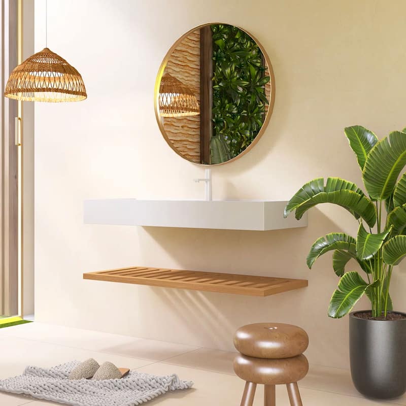 Wall-Mounted Bathroom Vanity in Natural Wood with White Integrated Acrylic Sink