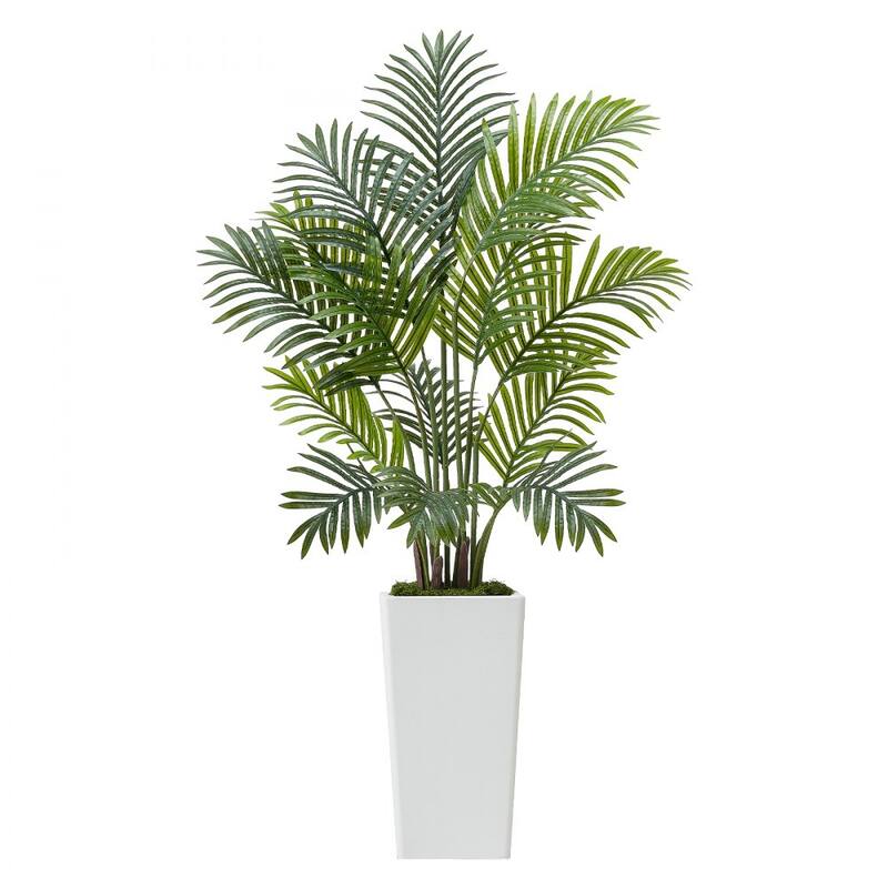 Green Lifelike Faux Areca Palm Tree with Moss-Covered Planter for Indoor Plant Decoration