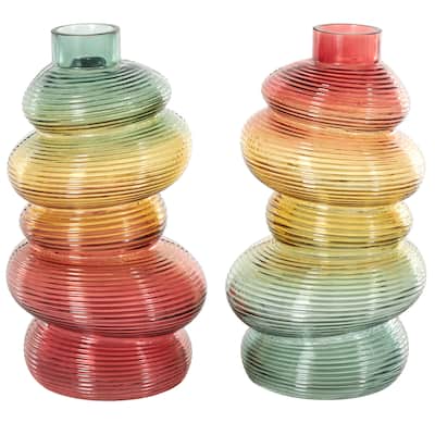Glass Ribbed Stacked Stones Vase with Color Blocks - Set of 2 Multi Colored - Roche River Decor