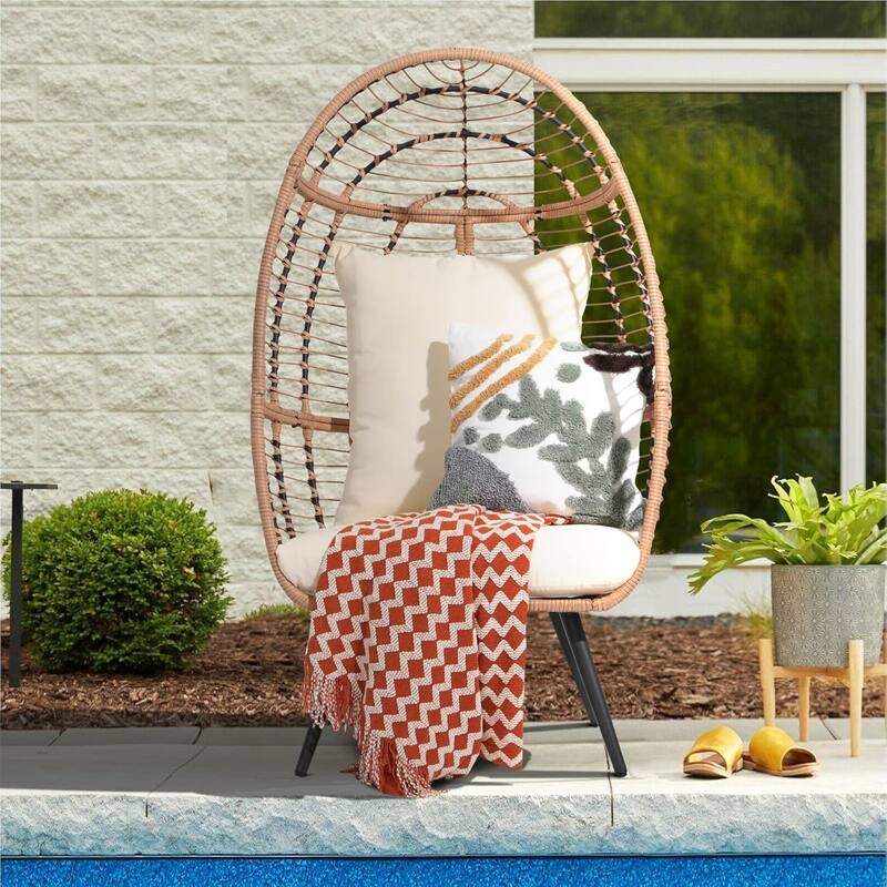 Egg Chair Outdoor, Patio Rotating Basket Chair, All-Weather Wicker Egg Lounger Chair for Outside Indoor