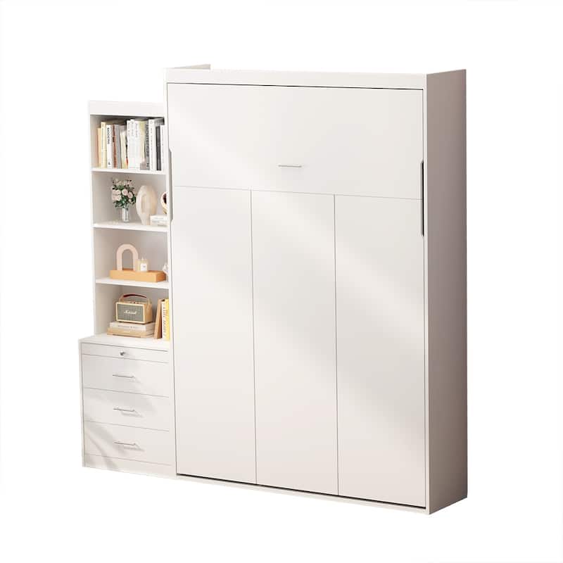 Modern Full Size Vertical Murphy Bed with Shelf and Drawers, White Space-Saving Wall Bed for Bedroom or Guestroom