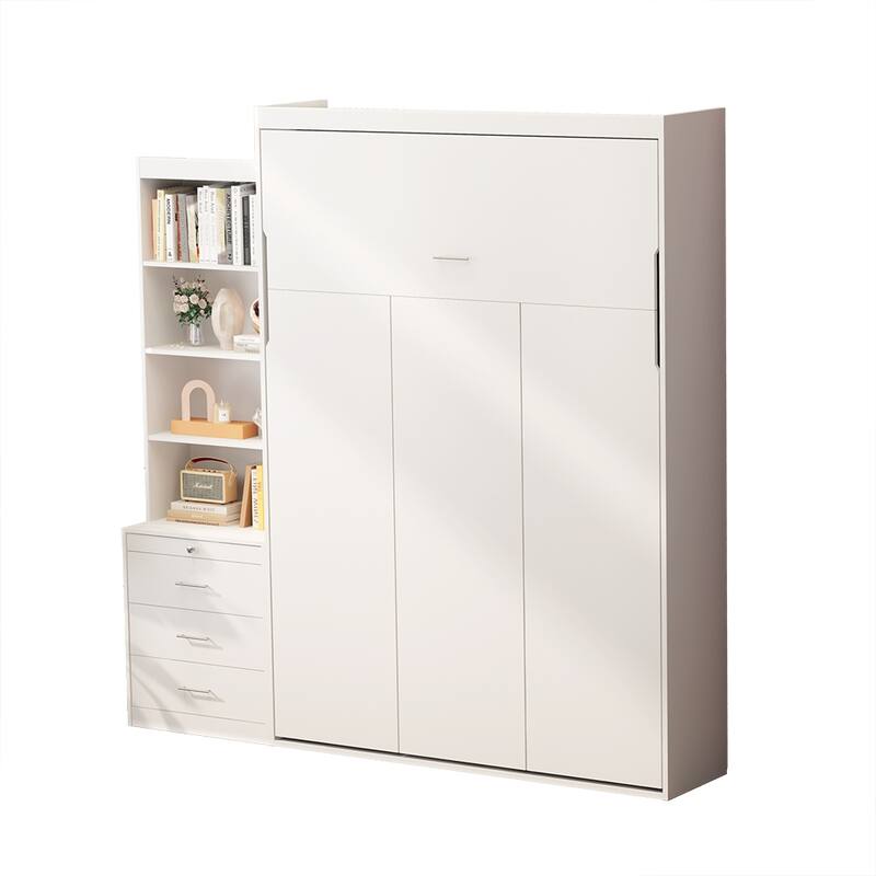 White Full Size Murphy Bed with Storage Shelves and Drawers - Vertical Wall Bed with Gas Struts