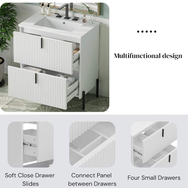 30" Bathroom Vanity with Ceramic Sink, Fluted Design, Full-Extension Drawers, Soft Close Drawer Slides