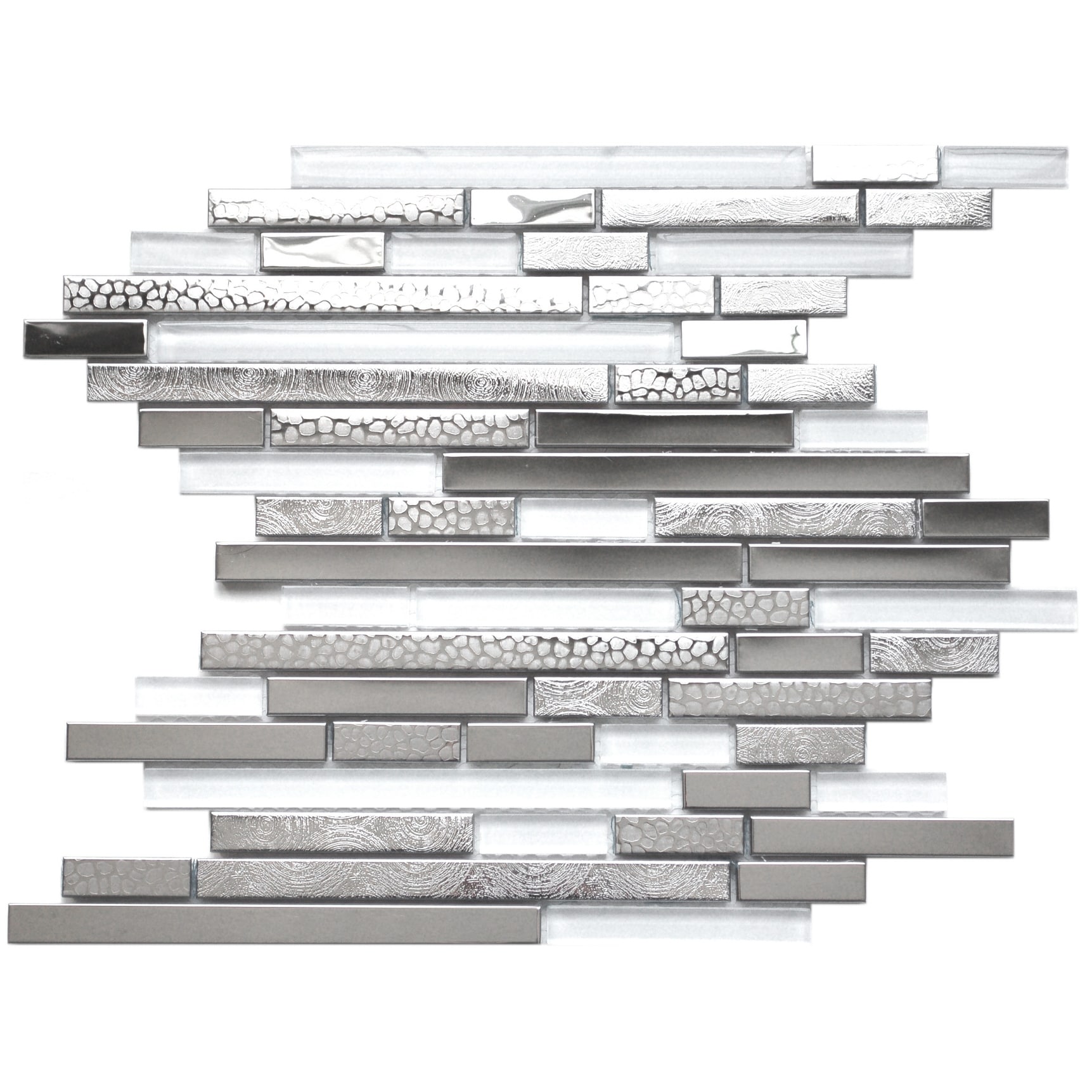 Eden Mosaic Tile: Modern White Glass Steel Metal Tile 11.7x12 (11  tiles/10.73 Sqft)