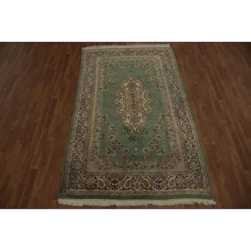 Hand Knotted Oriental 100% Wool Carpet Traditional Floral Green Kerman Area Rug - 8' 3'' X 4' 10''