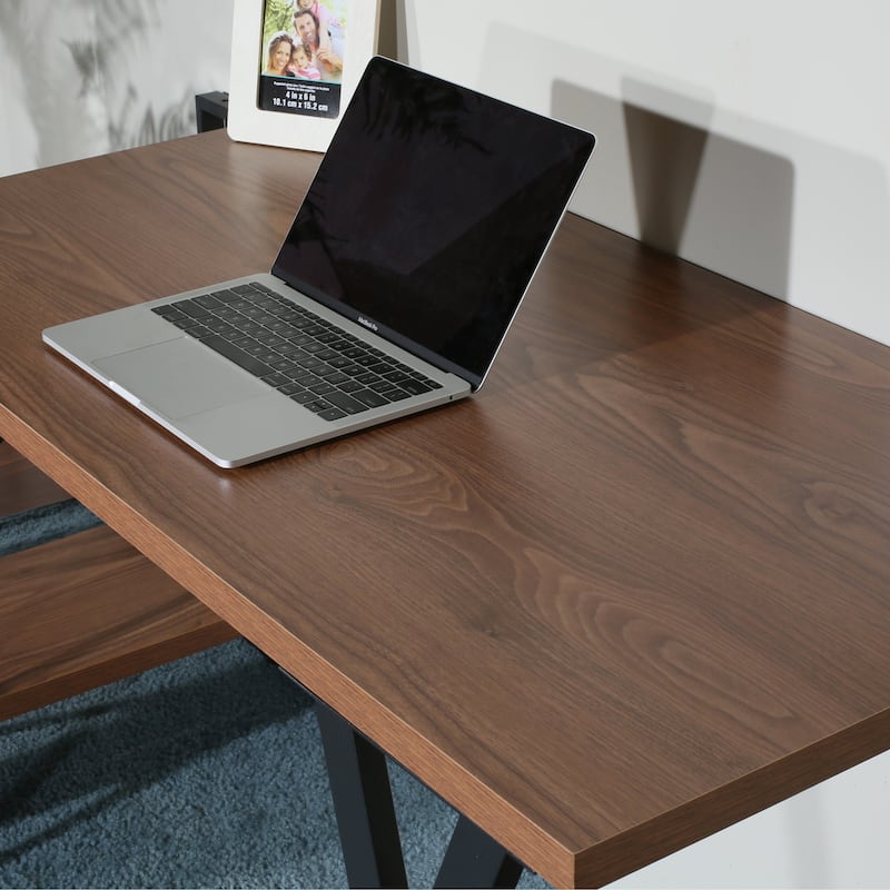 L - Shaped Home Office Desk with 2 Walnut Shelves