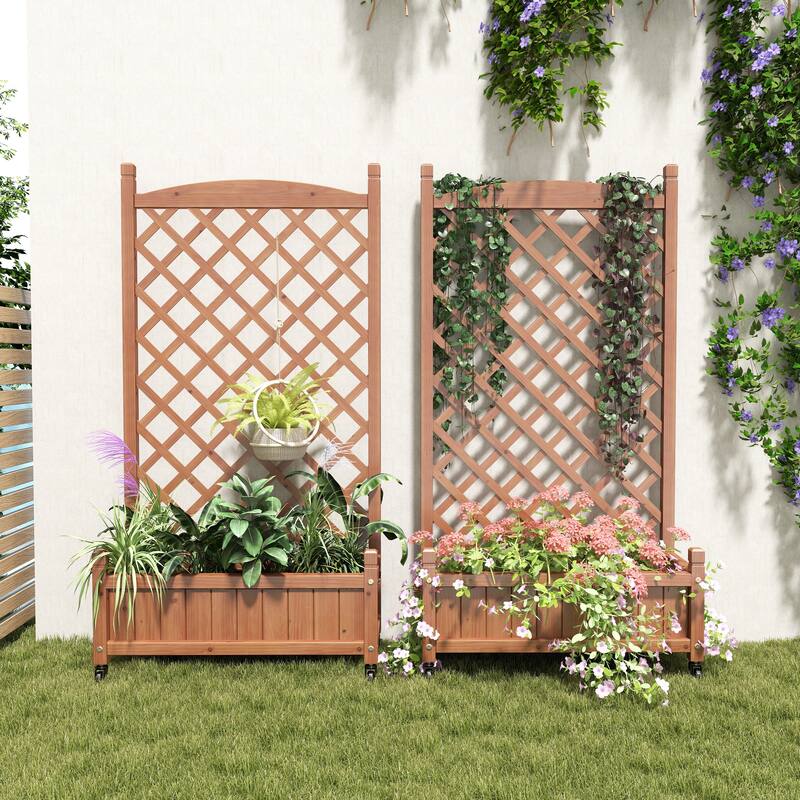 Set of 2 Portable Wood Planter Garden Bed with Wheels Drainage Trellis - Brown