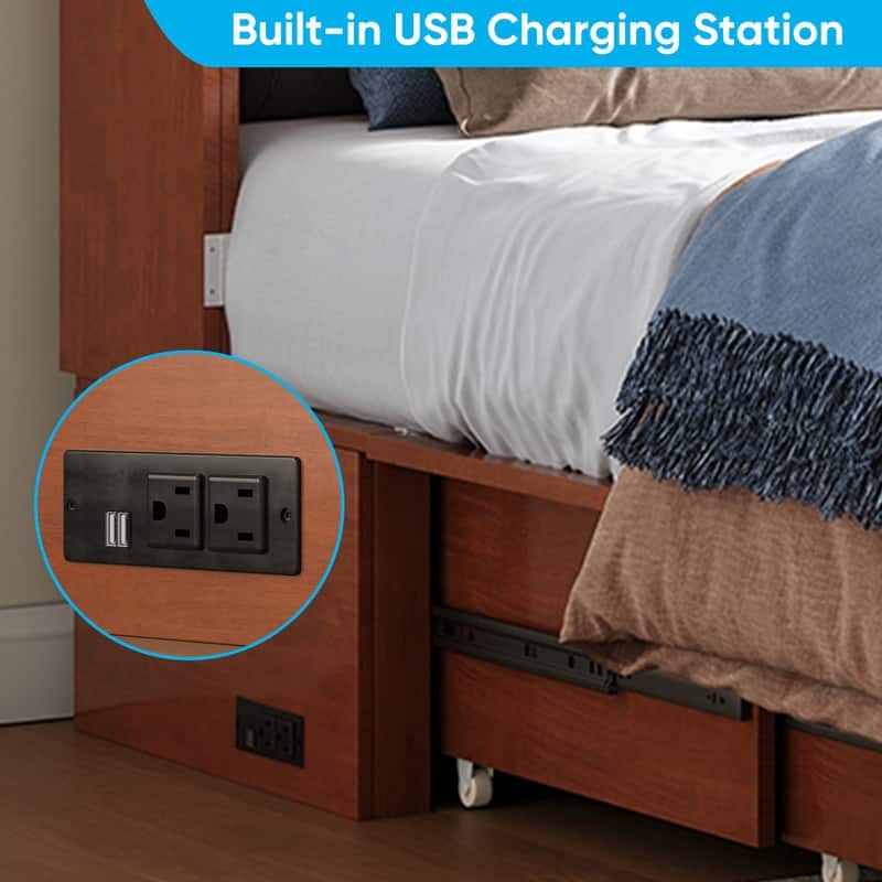 Mixoy Queen Modern Murphy Bed Cabinet with Charge Station,Mattress,Drawers