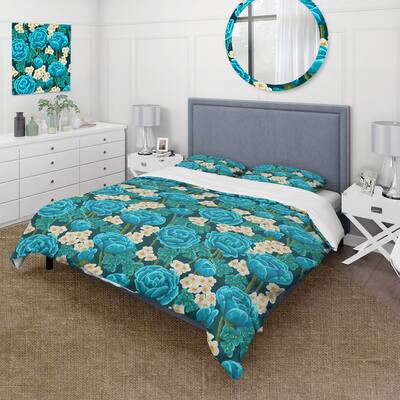 Designart 'Watercolor Blue Roses With White Plumera Flowers' Traditional Duvet Cover Set