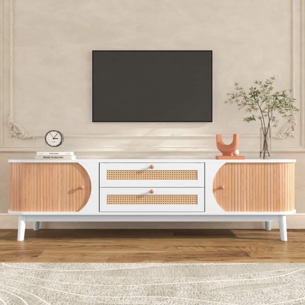 Rattan TV Stand for TVs up to 75'', Modern Farmhouse Media Console, Entertainment Center with Solid Wood Legs